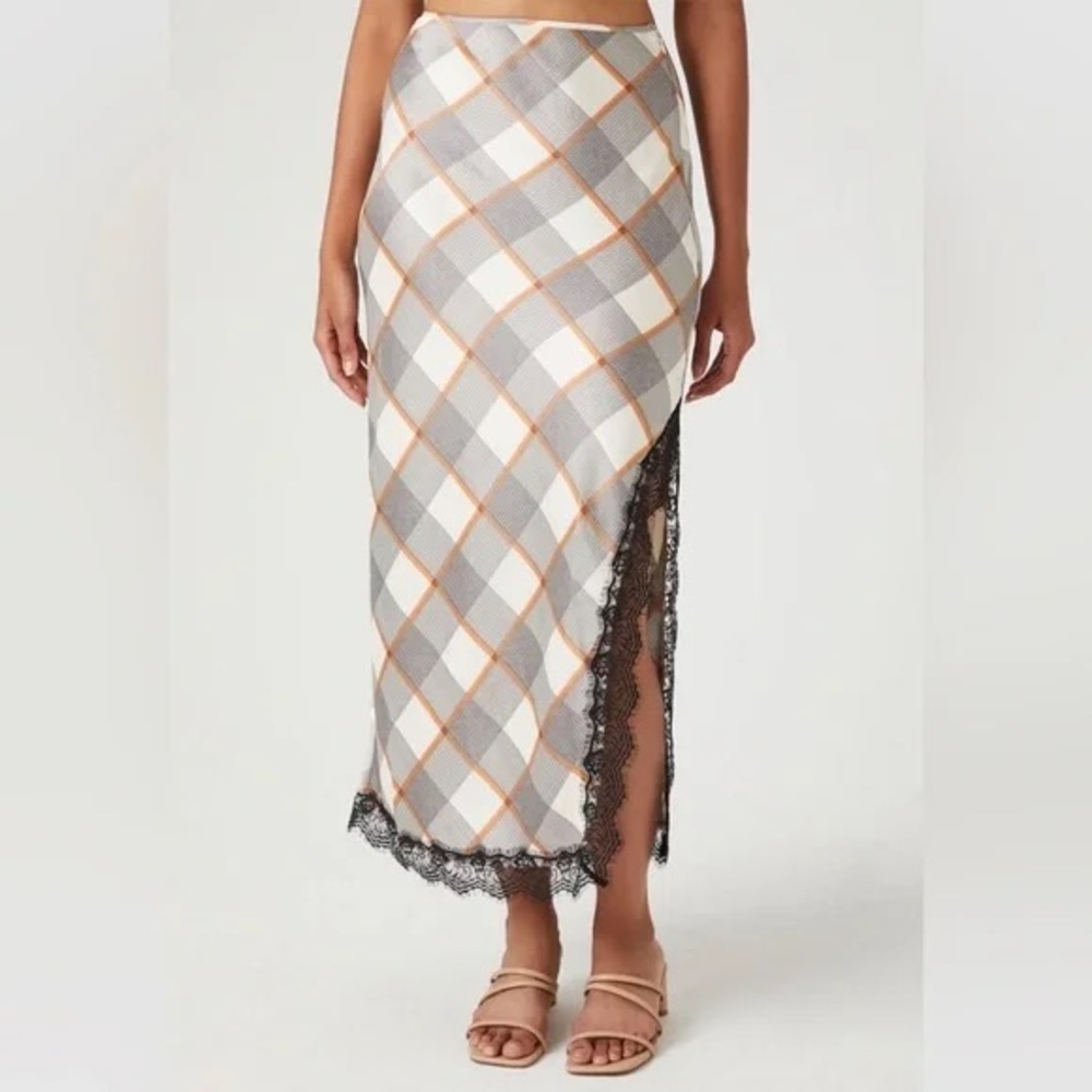 BNWT forever 21 Women’s Plus 0x Skirt Long Maxi Slit Lace Plaid Beige Black